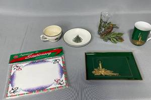 2 Christmas Cups & Saucers, Penguin Stationery, Bud Vase w Bird Figurine