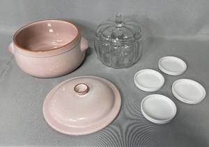 Emile Henry France Pink Dutch Oven, 4 Dipping Saucers, Pumpkin Clear Glass Cookie Jar