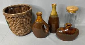 Waste Basket w Palm Tree, Decorative Vases (one damaged), Glass Jar w Lid