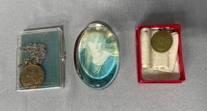 Glass Paper Weight w Victorian Woman, Chicago Medallion on Chain, Religious Pendant on Chain