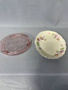 Pink Depression Glass Footed Cake Plate w no cover, VTG Unmarked Floral Tray