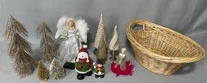 Various Sz Christmas Trees Gold Decor, 2 Angel Tree Toppers (untested), Large Handled Wicker Basket