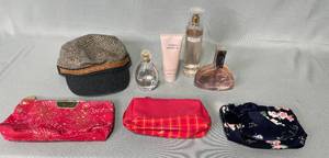 Hat, Partially Used Calvin Klein Euphoria Perfume & Body Lotion, Used Lovely Sara Jessica Parker Perfume & Body Mist, Toiletry Bag