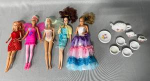 Barbie Dolls (5) and Miniature Tea Set