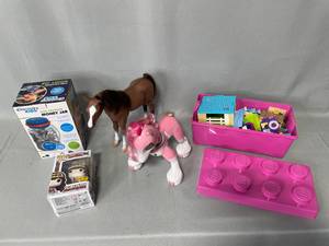 Bin of Legos, Coin-Counting Money Jar, POP Animation Alluka Zoldyck and 2 Toy Horses