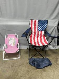 American Flag Folding Lawn Chair w Carry SleeveCase and Childrens Unicorn Folding Chair