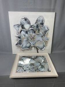 Large Square Floral Wall Hanging and 1 White Framed Mirror