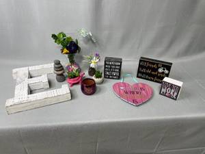 Artificial Succulent in Turtle Planter, Artificial Cactus, Wooden E, Decor w Phrasing, Vase with Faux Glass Purple Flower, Stacked Stones and More