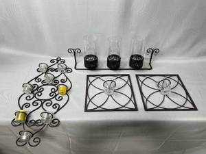 3 Pc Wall Hanging Candle Home Decor - MetalGlass w Swirl Shapes & 3 Glass Candles in Metal Black Stand