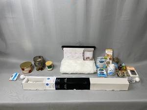 2 Curtain Rods, 1 White Curtain Panel, Bath and Body Works Candles, Candle Stand, Wallflowers, Wallflower Plug-in, Scentsy Travel Tin - Autumn SunsetAir Wick Fresheners and More