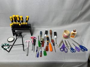 Excellent Condition - Olympia Screw Driver Set (missing 2), Gorilla Glue, Variety of Other Screw Driver Sizes, 2 Small Hammers, Variety of Scissors, Twine, Wall Bracket and More