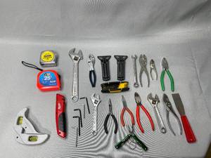 Hand Tools - Milwaukee Utility Knife, Putty Knife, Cabelas Utility Keychain, 2 Tape Measures, Various Pliers, Wrenches, Corner Level and Allen Wrench Set