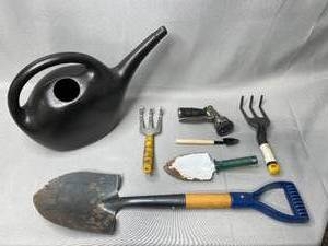 Gardening Tools - Hard Plastic and Metal, Small Spade Shovel, Hose Nozzle, Watering Can