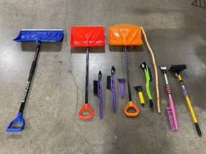 3 Snow Shovels, Walking Stick, Variety of Winter Scrapers