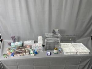 Puffs Boxes (unopened), Travel Packs of Kleenex (unopened), Drawer Storage, Wire Shelf Storage, Bath and Body Works Foam Soap Holder and More