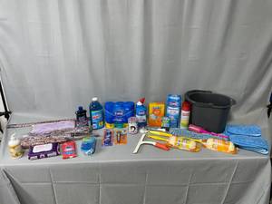 Excellent Condition Cleaning Supplies Bucket, Windex, Clorox Wipes, Swiffer Dusters and Refills, Clorox Toilet Wand Refills, Travel Pack of Wet Ones, Good Wipes, Hand Soap and More