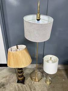 1 Floor Lamp Gold Base and Gray Shade, 1 End Table Lamp w Gold Base and White Shade, 1 End Table Lamp with Antique Bronze Bass and Damaged Shade