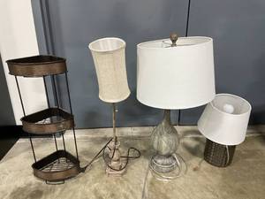 3 Unmatched Table Lamps (various sizes) w Bulbs (all untested) & Metal Copper Tone 3 Shelf Corner Unit