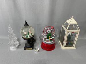 Two Battery Operated Snow Globes (needs new batteries) and Christmas Decor - 1 Light Up Glitter Tree (works), Christmas Scene Lantern