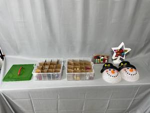 Holiday Decor - VTG Christmas Ornaments in Organizer, 2 Snowman Faces, Wooden Toy Nativity Scene and White Star w Colorful Ornaments