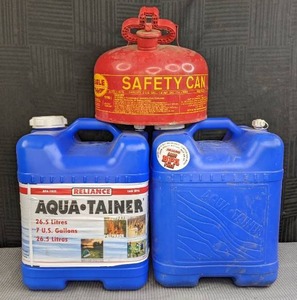 lot 137 image: Eagle 2-Gallon Gas Can, (2) Reliance Aquatainer 7-Gallon Water Containers