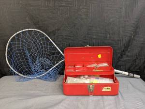 lot 123 image: Frabill Fishing Net and Red Tackle Box with Some Fishing Tackle