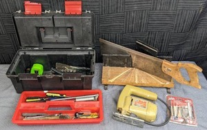 lot 133 image: Tool Box with Assorted Tools, Miller Falls Miter Box with Saw, and Black & Decker Jig Saw with Blades