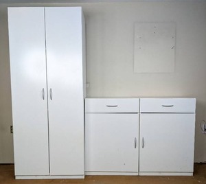 lot 159 image: (2) Small White Cabinets, (1) Tall White Cabinet