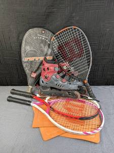 lot 148 image: Roller Blades Size 7 with Pads, Tennis Rackets, Baseball Plates and Racket Balls