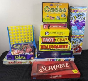 lot 158 image: Board Games Scrabble, Brainquest, Cadoo, Q-bitz, Dont Spill the Beans, Dont Break the Ice, Life and More