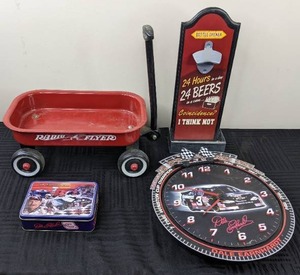 lot 94 image: Mini Radio Flyer Snap On Wagon, Decorative Beer Opener, Dale Earnhardt Collectable Knife and Clock