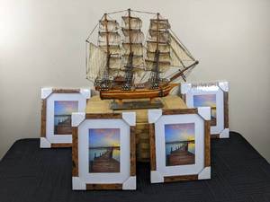 lot 156 image: Home Decor (4) Wooden Frames with Mats, Picnic Basket, Model Bounty Sailing Ship