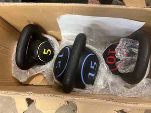 lot 187 image: 5lb, 10lb, and 15lb Kettlebells