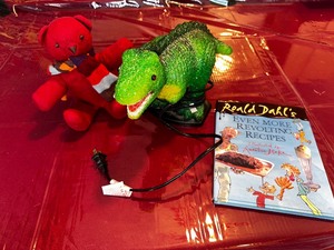 Dinosaur Desk Night Light, Stuffed Bear, Roald Dahls Even More Revolting Recipe Book