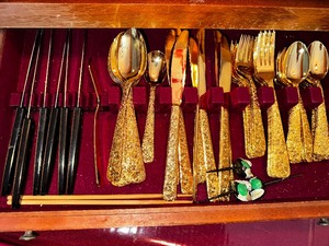 Vintage Gold Plated Silverware Set Place Setting for 8, Misc. Silver Serving Pieces, & Wood Salad Tongs in Wood Chest