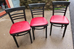 Three Wood and Vinyl Black and Red Ladderback Barstools