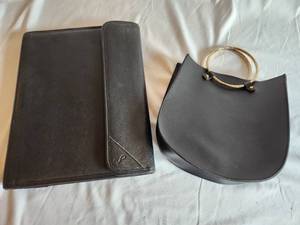 Black Smooth Leather Hand Bag with Gold Trim and Black Portfolio With Magnetic Closure, Business Card Holder, Notepad & Calculator