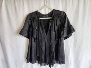 BCBGMaxazria 100% Black Silk Blouse with Tie Neck and Black and Camel Striped Tunic with Ruffle Bottom and Black Details, Size S