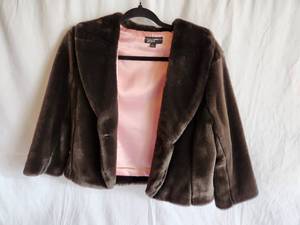 Vintage Black Rivet Chocolate Brown Faux-Fur Coat Jacket with Pink Lining, Size L
