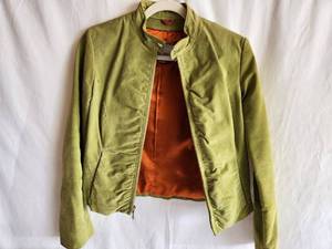 Vintage Wilsons Leather Maxima Suede Leather Full Zip Jacket with Front Ruching and Pockets in Lime Green with Orange Lining, Size S