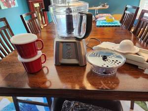 Oster Food Processor, Mandolin Slicing Tool, and Two Covered Soup Mugs