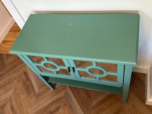 Teal Painted Wood and Mirrored Accent Side Table Cabinet Measuring 32 x 14 x 30
