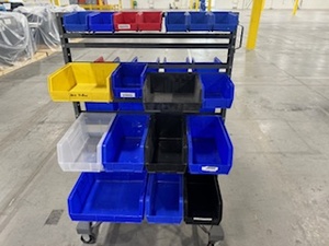 lot 62 image: Akro Mills Two-Sided Rolling Bin Cart with 37 Various Sized Bins