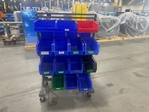lot 29 image: Akro Mills Two-Sided Rolling Bin Cart with 25 Various Sized Bins