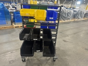 lot 58 image: Akro Mills Two-Sided Rolling Bin Cart with 23 Various Sized Bins