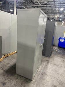 lot 118 image: Two Door Cabinet (no key), Four Adjustable Shelves. (Light Gray)