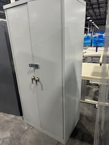 lot 134 image: Two Door Cabinet (no key) but has attachment for padlock, three adjustable shelves. (Light Gray)