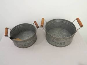 2 Piece Lot of Galvanized Pails with Wood Handles