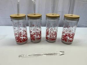 MM. 4x Snowflake Drink Glasses-Bamboo TopsReusuable Straws wCleaning Brush