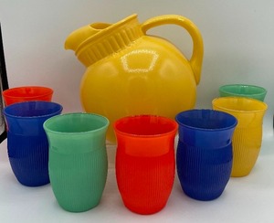 lot 8 image: 1940s Fire King Anchor Hocking Ball Tilt Jug Pitcher and 7 Hazel Atlas Rib Tumbler Glasses